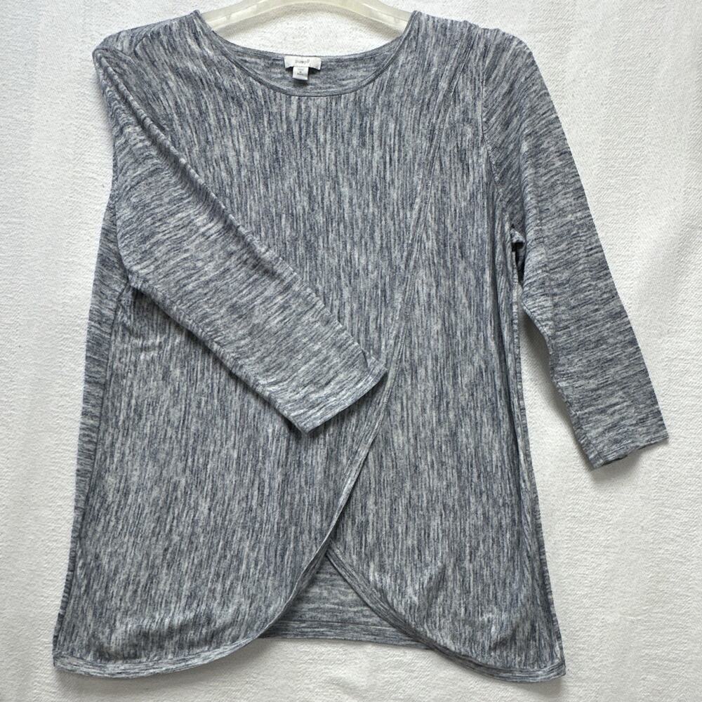 purejill Womens Top M Petite Gray Heathered Knit Pullover Round Neck 3/4 Stretch